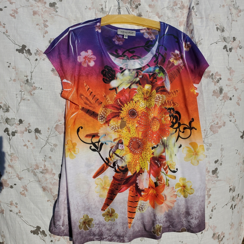 Womens XXL Floral Gradient Short Sleeve Tee in Purple & Orange - Closet